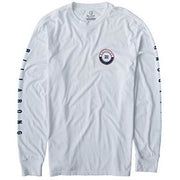 Billabong men's rotor long sleeve T-shirt, white crew neck, circular chest patch, blue sleeve text