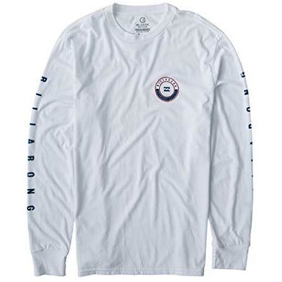 Billabong men's white long sleeve t-shirt with chest logo patch and sleeve lettering