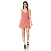 Women's wrap mini dress in dusty red, V-neck and spaghetti straps, tied waist