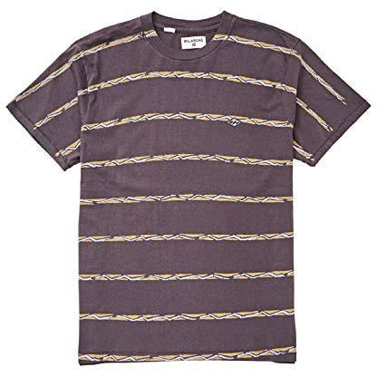 Men's crew-neck short-sleeve T-shirt, dark purple with yellow stripe graphic