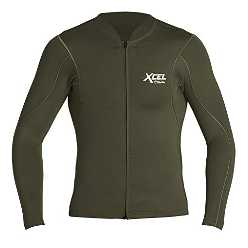 XCEL Mens Axis 1mm Long Sleeve Front Zip Neoprene Wetsuit Top - Dark Forest - 1mm Body and Upper Sleeves