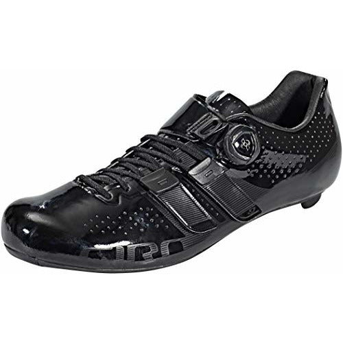 Giro black cycling shoes with lace-up closure and buckle strap