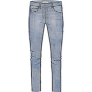 Women's indigo denim pants with drawstring waist, front view, light wash