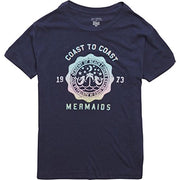 Women's short-sleeve navy T-shirt with mermaids logo graphic on front