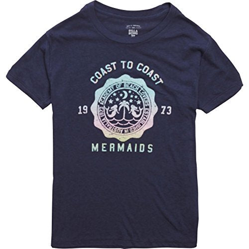 Women's short-sleeve navy T-shirt with mermaids logo graphic on front