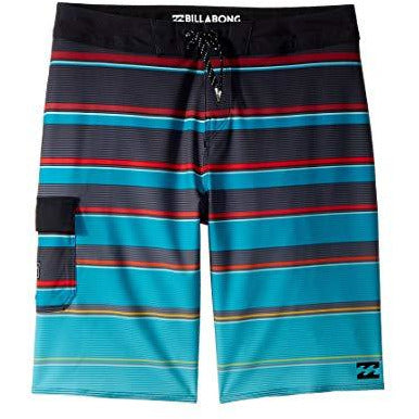Billabong kids' striped boardshorts in aqua and dark navy with drawstring waist