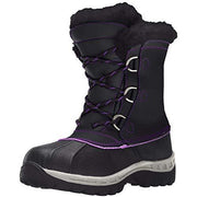 Kids' lace-up winter boot, dark black with faux-fur cuff, purple trim, rugged sole