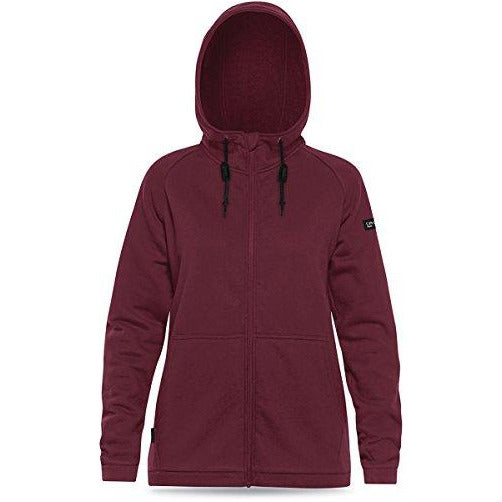 Women's tech hoodie with full zip, long sleeves, adjustable drawstring hood, heathered rosewood