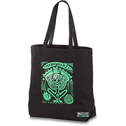 Women's black canvas tote bag with teal graphic front and top handles