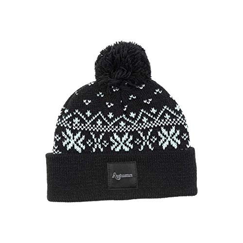 Black knit beanie with pom-pom, winter Fair Isle pattern, and front logo patch