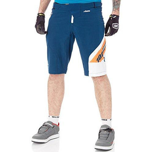 Men's navy athletic shorts with side zipper pocket and white-orange graphic panel