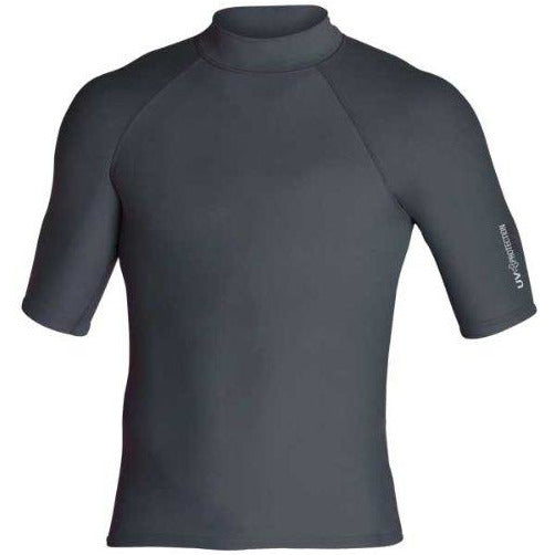 Men's short-sleeve rashguard, high neck, dark gray 4-way stretch fabric with sleeve logo