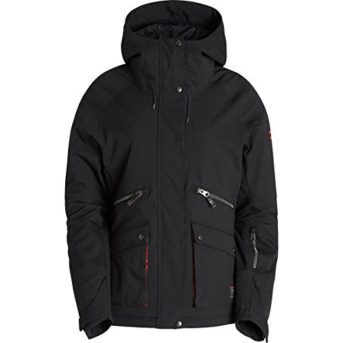 Black junior snow jacket with attached hood, front zipper, and two chest pockets