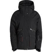 Black junior snow jacket with attached hood, front zipper, and two chest pockets