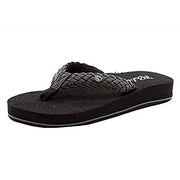 Women's black braided flip flops with woven strap and cushioned sole