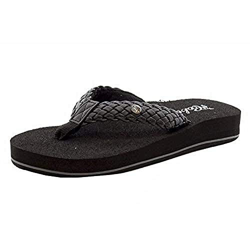 Women's black braided flip flops with woven strap and cushioned sole