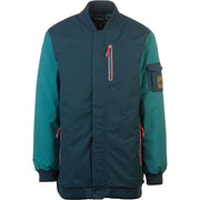 Men's snow jacket with zip front, ribbed cuffs, teal sleeves, dark navy body, side pockets.