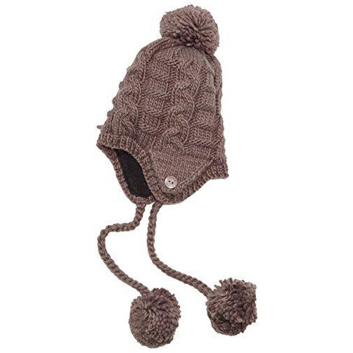 Women’s knit beanie with pom-poms and chin strap, charcoal