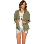 Lightweight hooded woven jacket in olive green with front zipper and drawstring hem