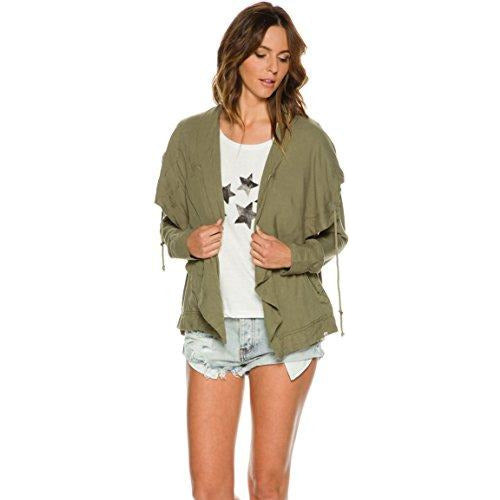 Lightweight hooded woven jacket in olive green with front zipper and drawstring hem