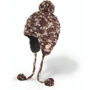 Hand-knit beanie with pom-pom and earflaps, brown-speckled knit, button detail