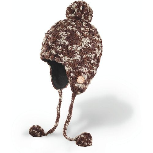 Hand-knit beanie with pom-pom and earflaps, brown-speckled knit, button detail