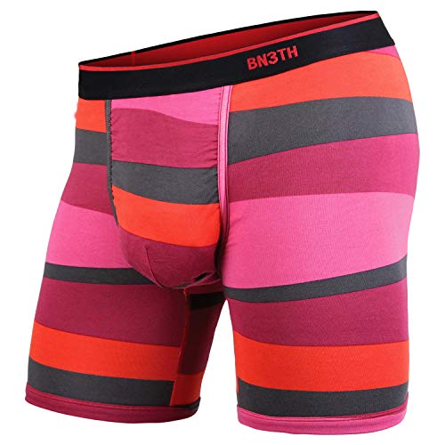 Men's classic boxer briefs with BN3TH waistband, wide red orange pink and gray stripe pattern