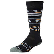 Women’s freeride crew sock, dark with multicolor geometric stripe pattern