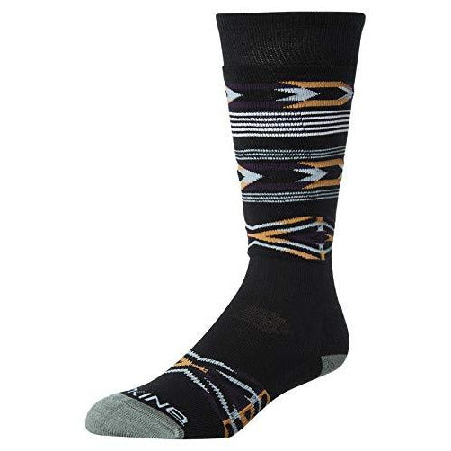 Women’s freeride crew sock, dark with multicolor geometric stripe pattern