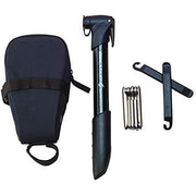 Cycling repair kit bag with mini pump, inflator cartridges, tire lever and wrench