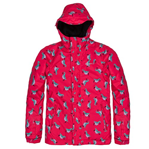 Youth girls pink snow jacket with allover teal bird scribble print, blue hood, full zip