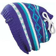 Striped knit beanie hat with folded cuff, purple and teal stripes, white patch and ties