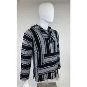 Men's striped baja hoodie poncho with hood, black and white knit