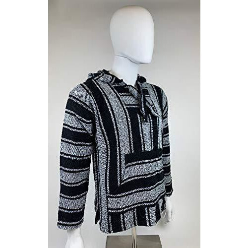 Men's striped baja hoodie poncho with hood, black and white knit
