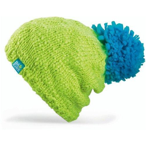 Dakine women's knit beanie in citron green with blue pom-pom and logo patch