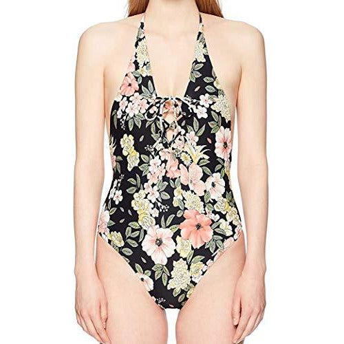 Women's black floral halter one-piece swimsuit with tie front detail