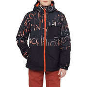 Boys snow jacket in black with orange print, zip front and hood.
