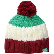 Boys knit beanie with red pom-pom, green and white stripes, maroon cuff and logo patch