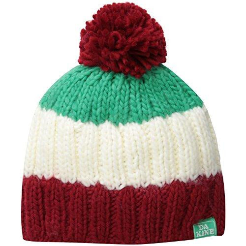 Boys knit beanie with red pom-pom, green and white stripes, maroon cuff and logo patch