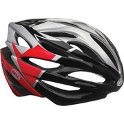 Bell bike helmet with silver, black, and red graphic and large ventilation vents
