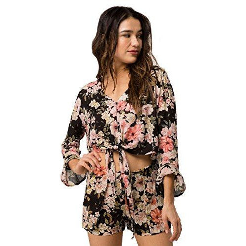 Floral long-sleeve peasant top with V-neck and tied drawstring hem, black base