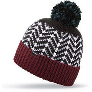 Women’s knit beanie with zigzag pattern, maroon cuff, and dark pom-pom