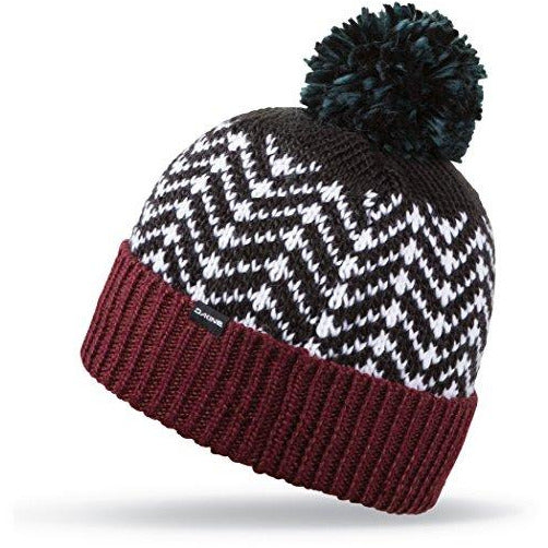 Women’s knit beanie with zigzag pattern, maroon cuff, and dark pom-pom