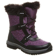 Kids lace-up winter boots with faux fur cuff, purple patterned upper, chunky black sole