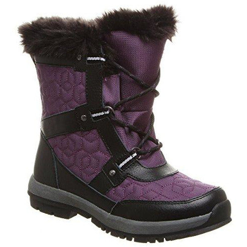 Kids lace-up winter boots with faux fur cuff, purple patterned upper, chunky black sole