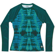 Women's long-sleeve rashguard in teal green seaweed tie-dye with dark sleeves and logo