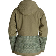 Olive green hooded ski jacket with patterned cuffs and hem, front zipper and pockets