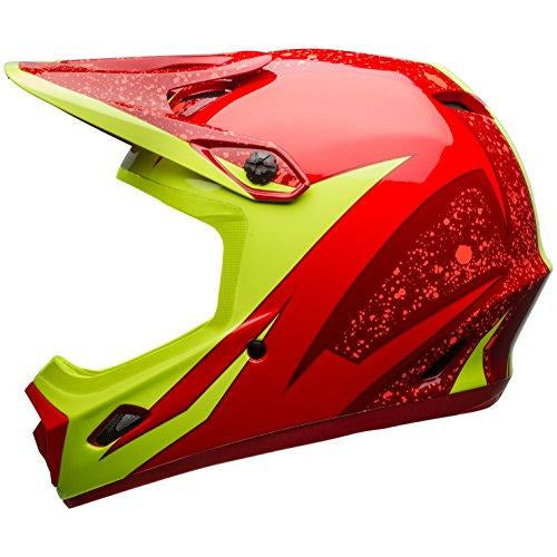 Glossy red cycling helmet with neon green accents, vented shell and chin strap.