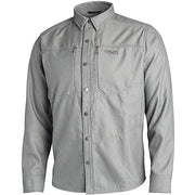 Gray long sleeve work overshirt with button front, stand collar, and chest pockets