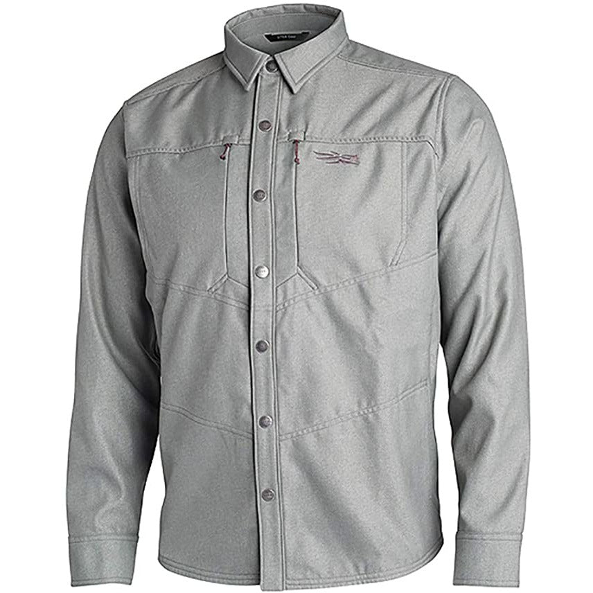 Gray long sleeve work overshirt with button front, stand collar, and chest pockets